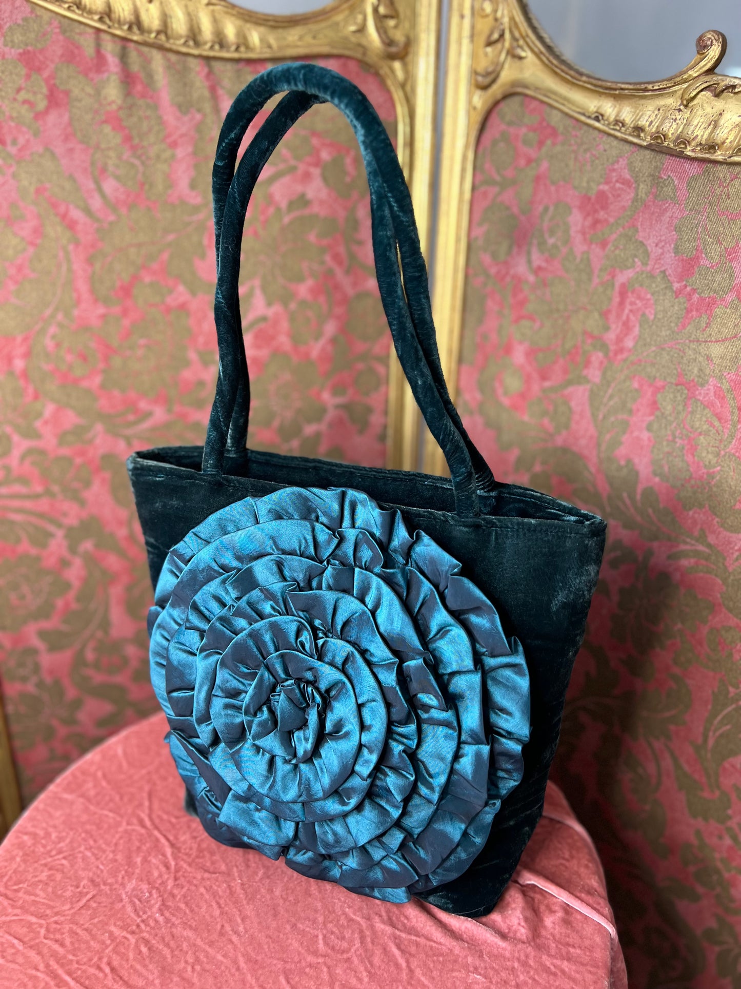 Turquoise Velvet Tote with Satin Floral Appliqué