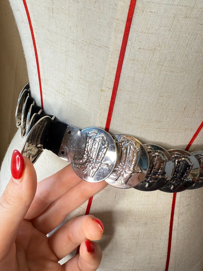 Vintage Silver Cowboy Boot Coin Belt
