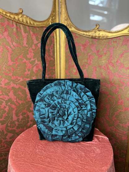 Turquoise Velvet Tote with Satin Floral Appliqué