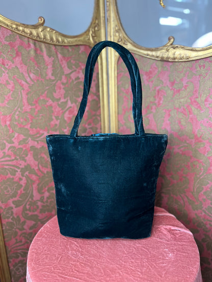 Turquoise Velvet Tote with Satin Floral Appliqué