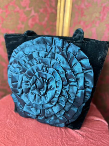 Turquoise Velvet Tote with Satin Floral Appliqué