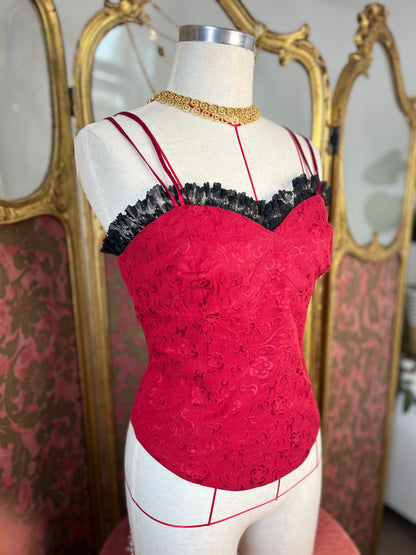 Red Satin Basque with Black Lace Trim