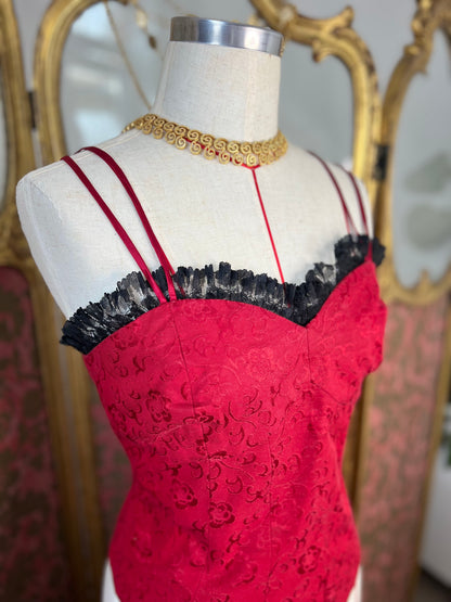 Red Satin Basque with Black Lace Trim