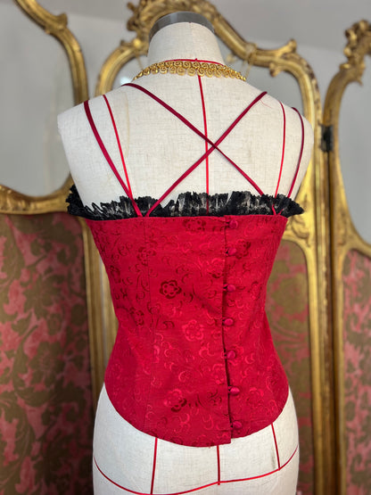 Red Satin Basque with Black Lace Trim