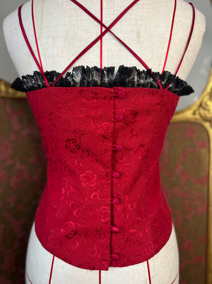 Red Satin Basque with Black Lace Trim