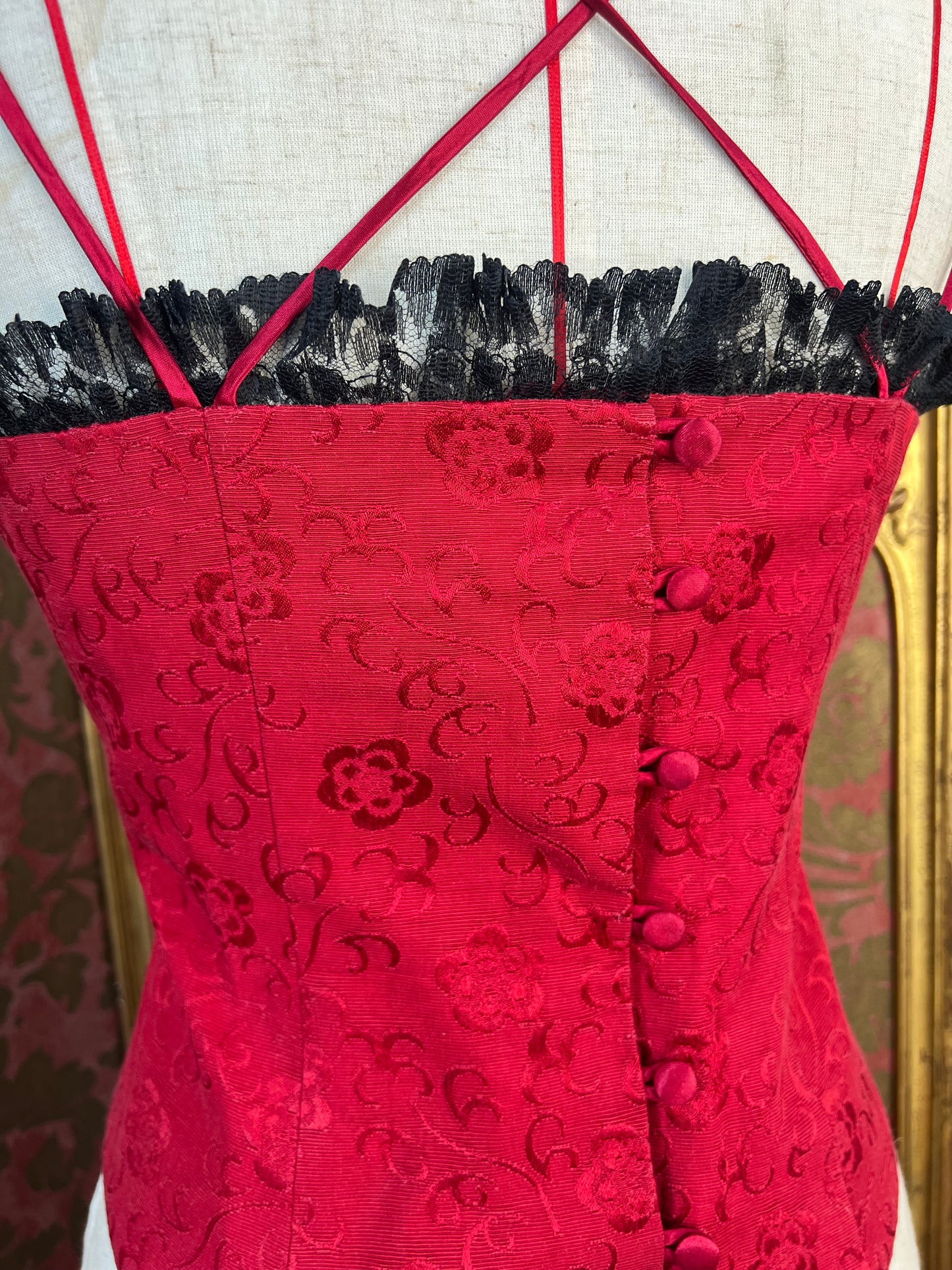 Red Satin Basque with Black Lace Trim