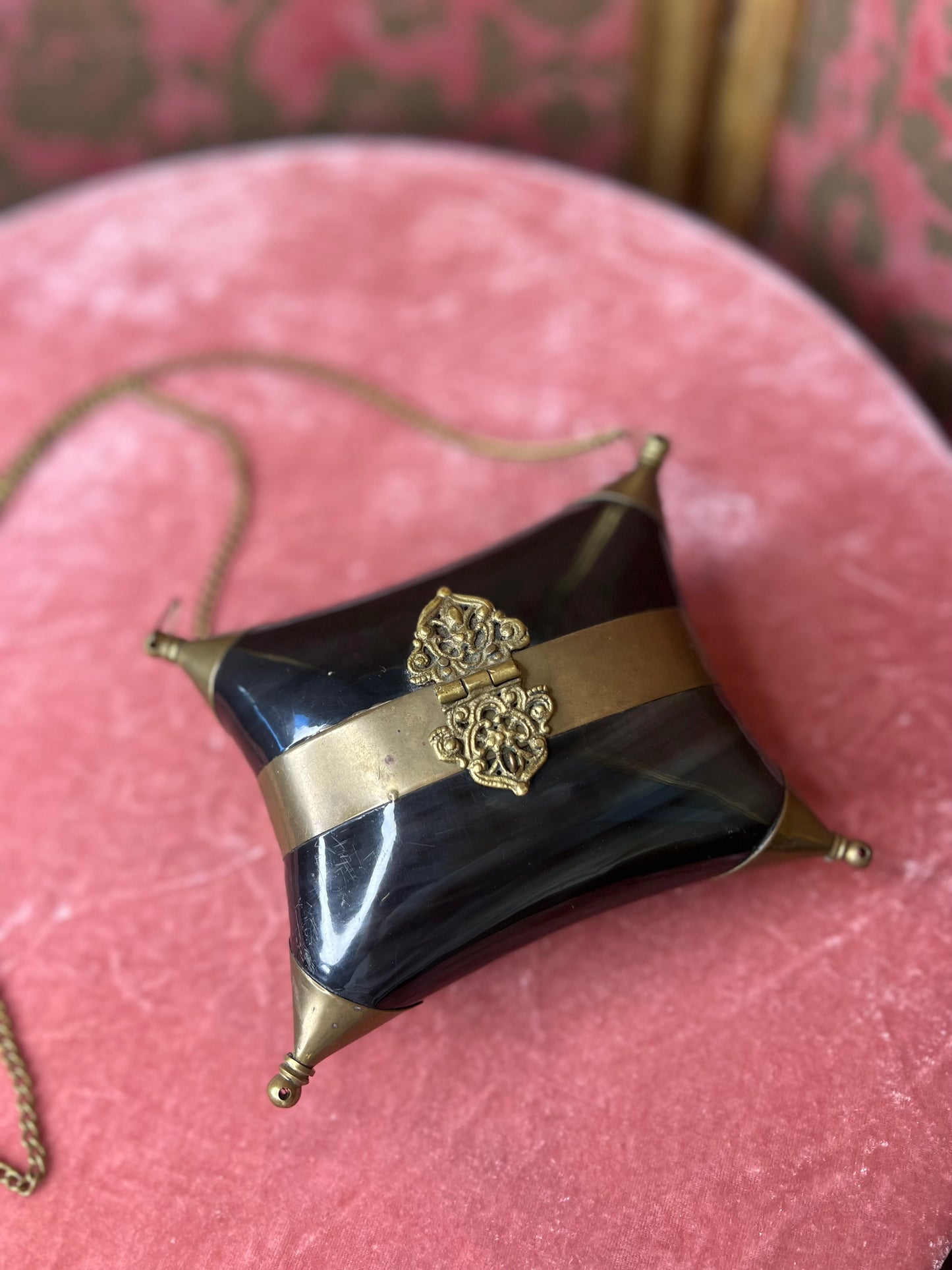 1930s Minaudière Black & Brass Pillow Box Bag