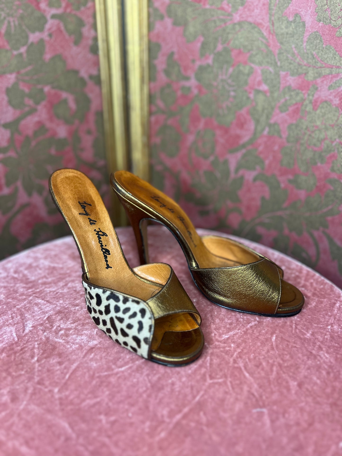 Incredible Terry De Havilland Gold Leopard Mules