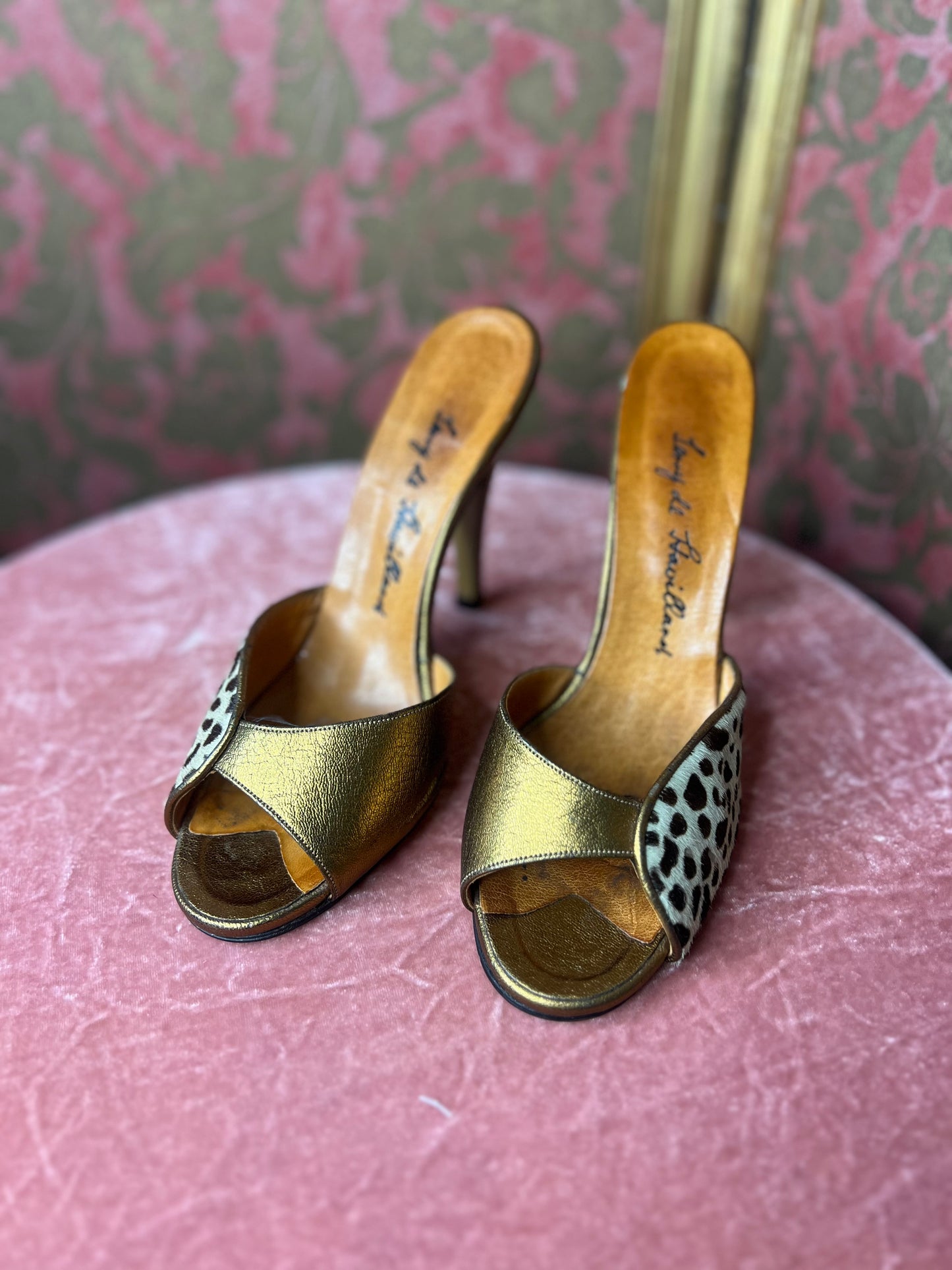 Incredible Terry De Havilland Gold Leopard Mules