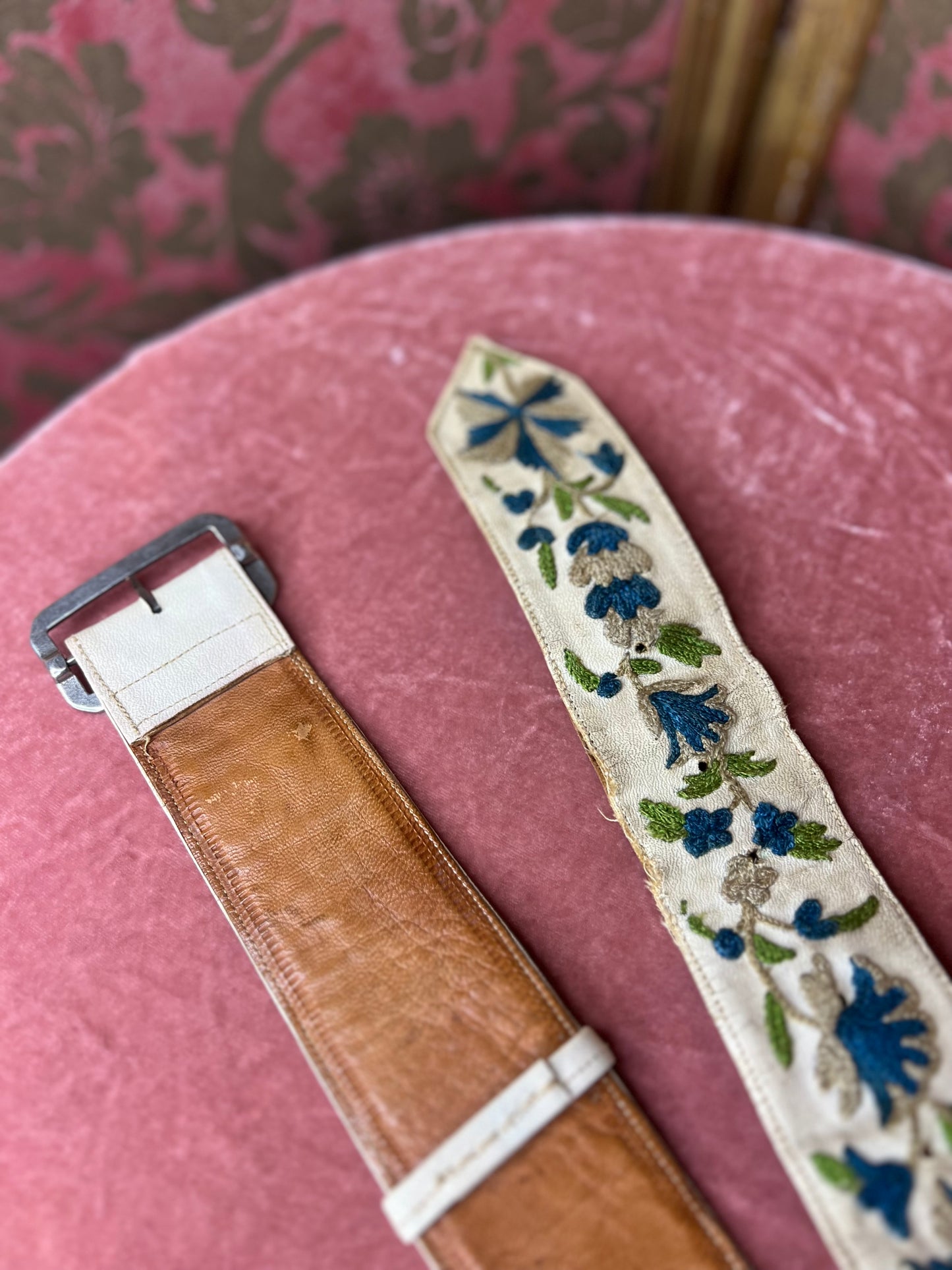 1970s Boho Leather Embroidered Belt