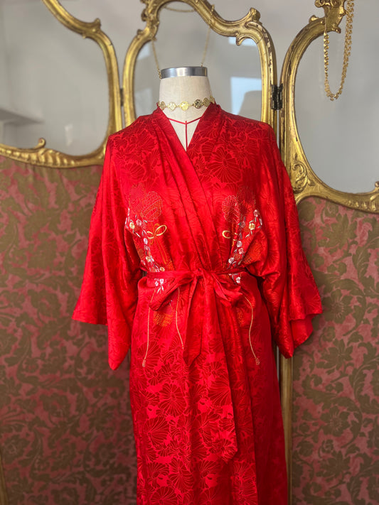 Beautiful Red 100% Silk Kimono Dressing Robe