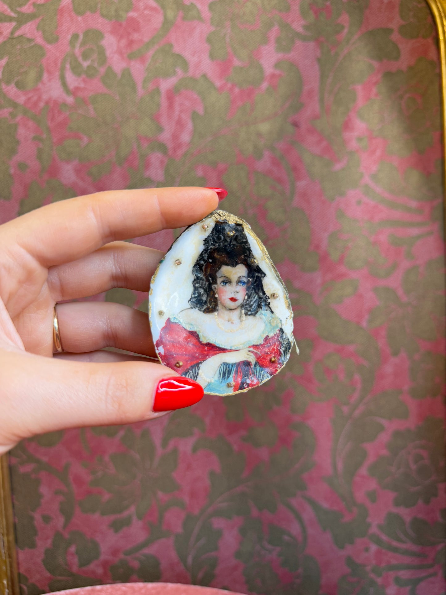 Antique Hand Painted Oyster Shell Brooch