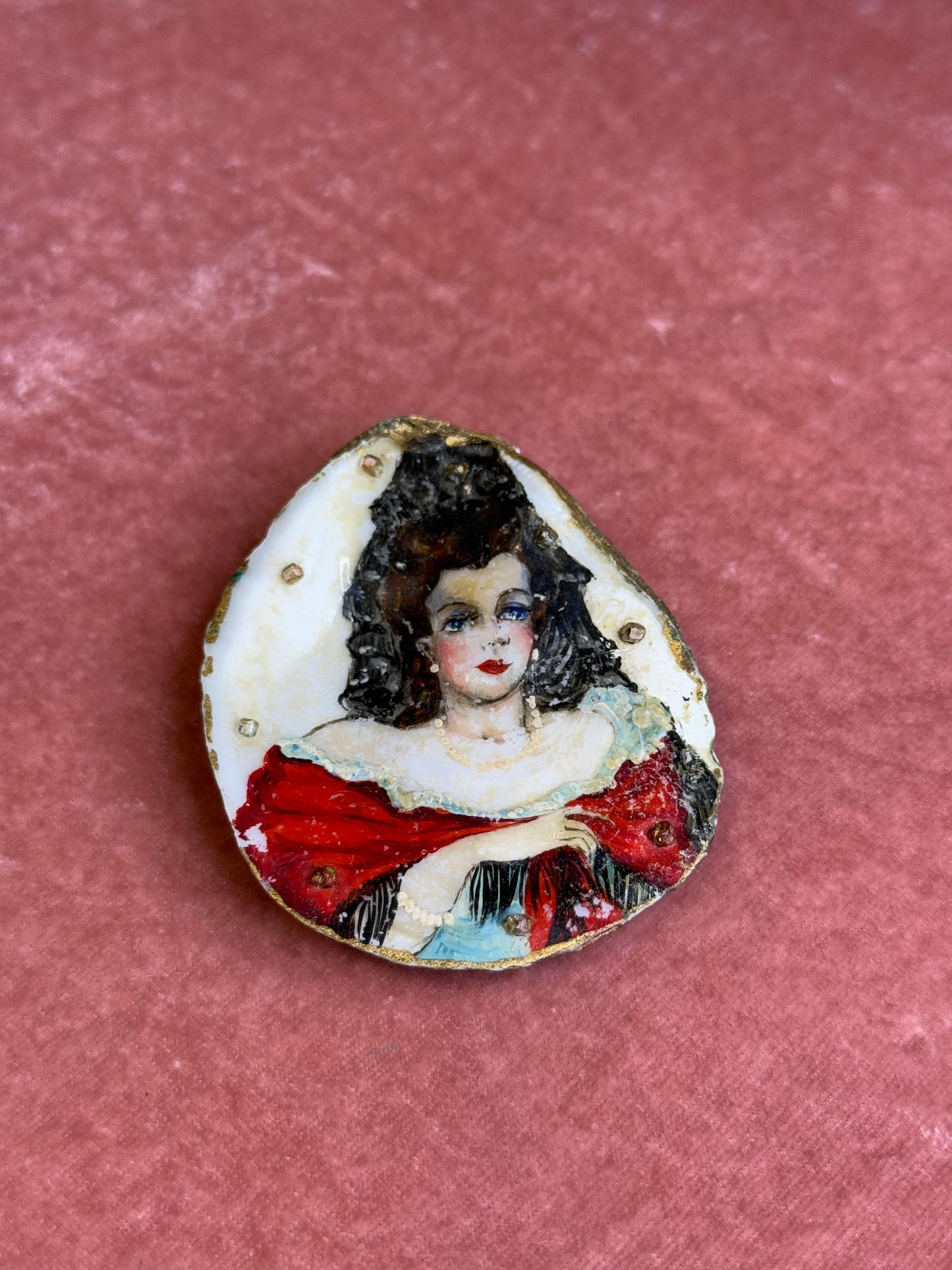 Antique Hand Painted Oyster Shell Brooch